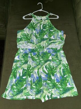 Green Tropical Leaf Halter Romper